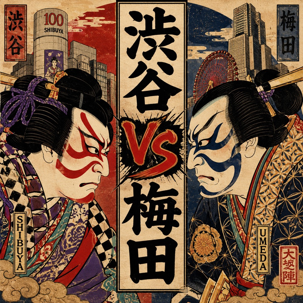 渋谷方と梅田方が対峙する浮世絵風の合戦絵